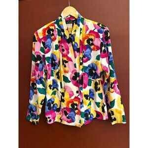 Y.Lev Womens Floral Silk Blazer Jacket Blouse Sz 10 Bright Colors Spring Summer